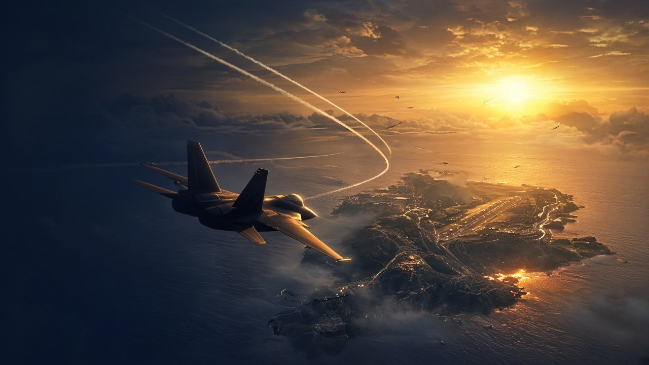 Ace Combat 8 MRP farming — fighter jet over island airstrip at sunset